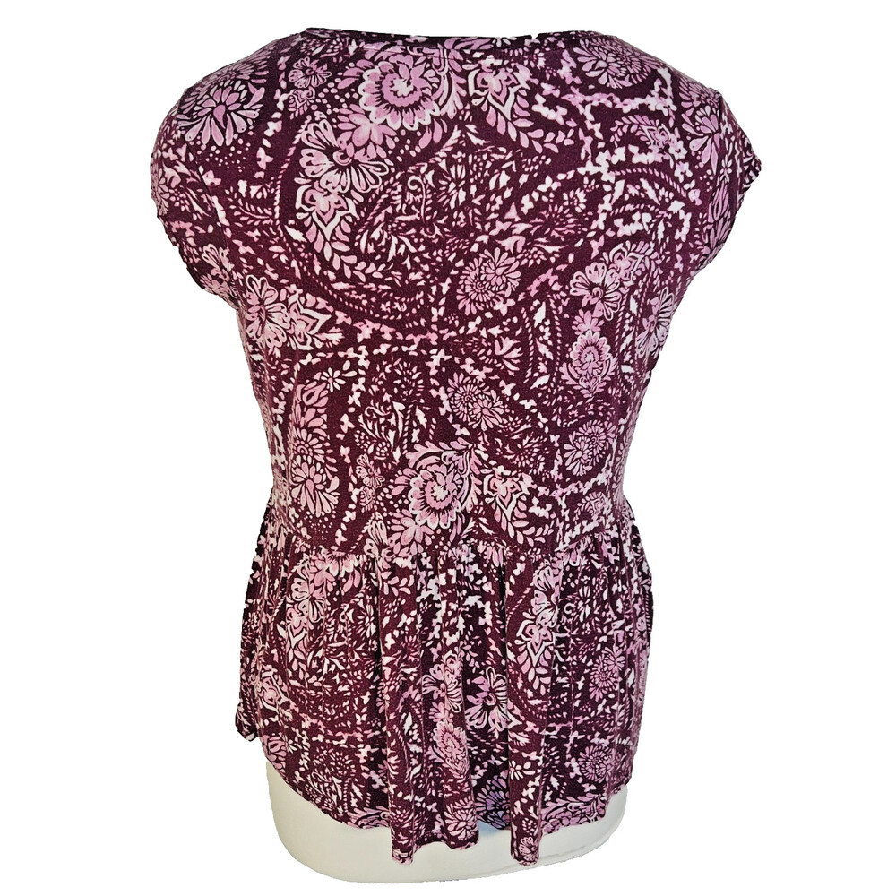 Faded Glory Top Womens XL Short Sleeve Blouse Burgundy Cottage Print Peplum Hem - Picture 6 of 13